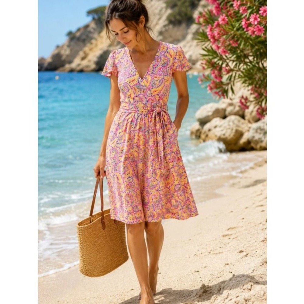 Boden Evangeline Wrap Dress Paisley Short Sleeve Jersey Pockets Pink Size 4